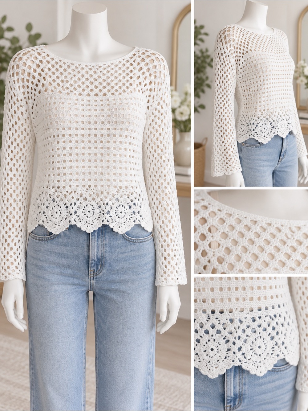 Lulu's Cream Crochet Open-Knit Scallop Hem Sweater Top